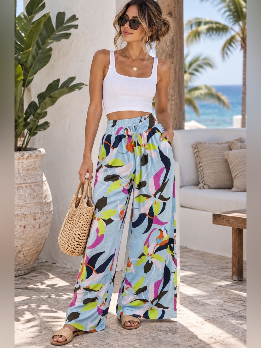 A New Day Blue Tropical Floral Linen Rayon Wide Leg Pull On Vacation Pants
